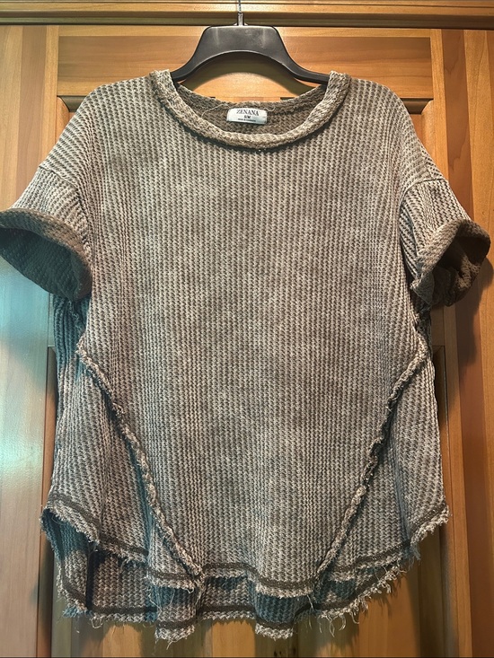 Zenana Outfitters Tops - Zenana Outfitters Distressed Slouchy Short Sleeve Waffle Knit Top - Olive Acid